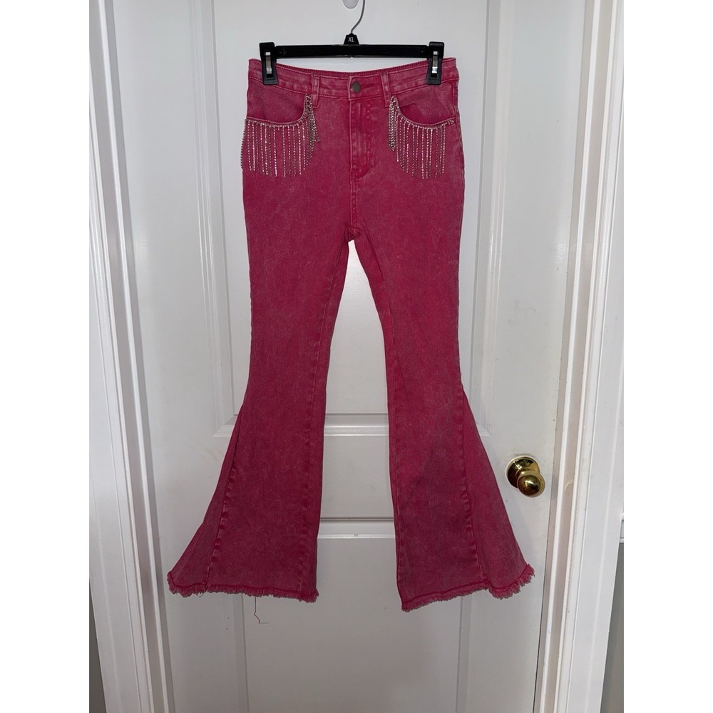 Ladies Blue B Collection Pink Denim Rhinestone Accent Pockets Bell Bottom Size S